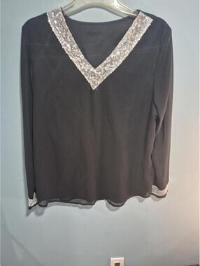 Black Long Sleeve Blouse with Silver Sequin Trim Size Large